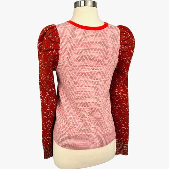 Anthropologie Cherie Puff Sleeved Pullover Sweater Size S V Neck Red Pink - Picture 4 of 8